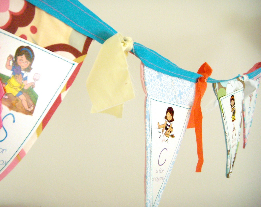 Custom Bunting Pennant Banner - 7-8 fabric flags, Birthday Party, Children's Room, Nursery, Baby Shower