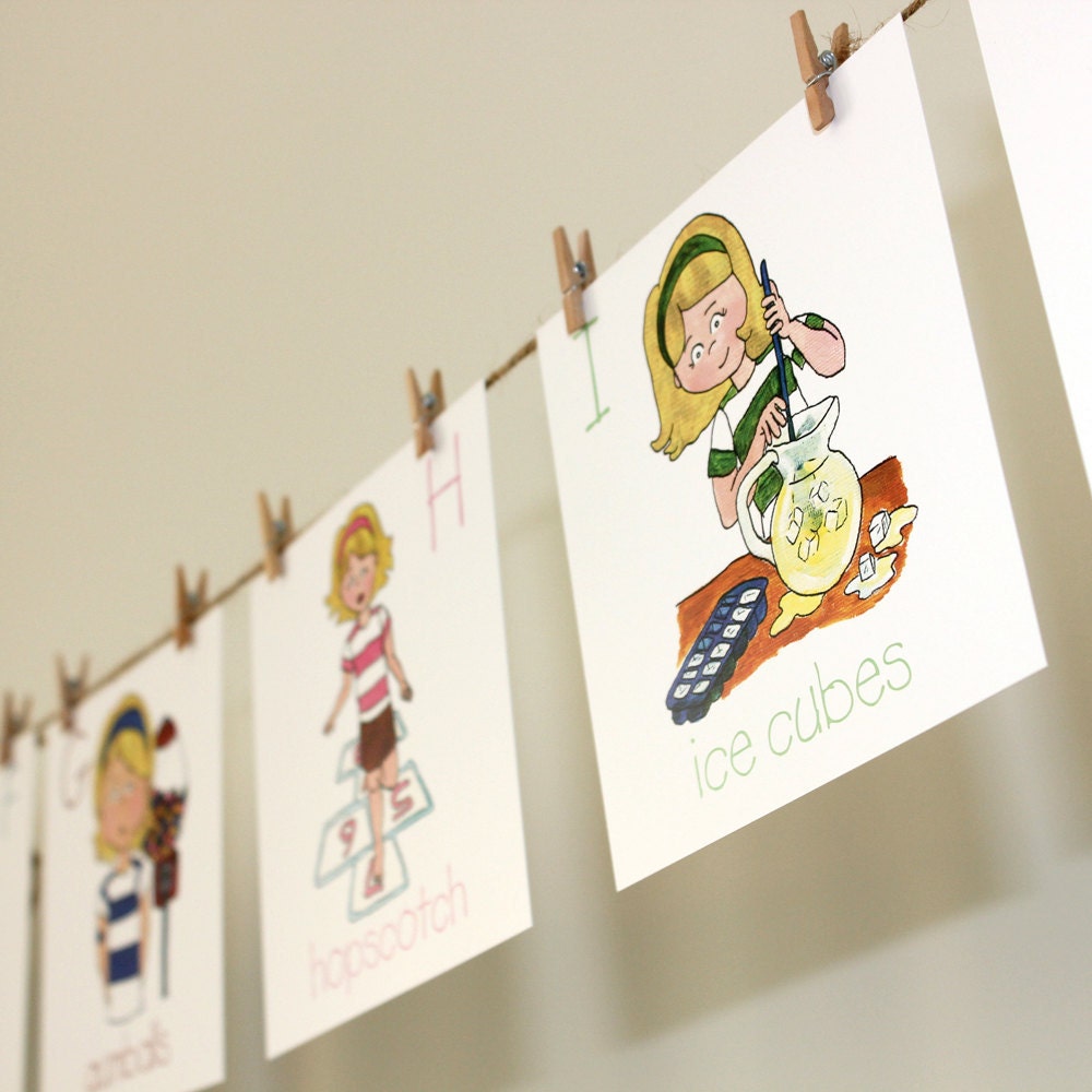 Alphabet Wall Cards, Blonde Girl - Back to School, Children's Room Artwork, Nursery Artwork