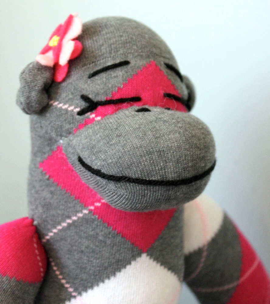 Plush Sock Monkey Doll - Girls stuffed toy, Stuffed Animal, Children's Toy, Pink, Gray, White