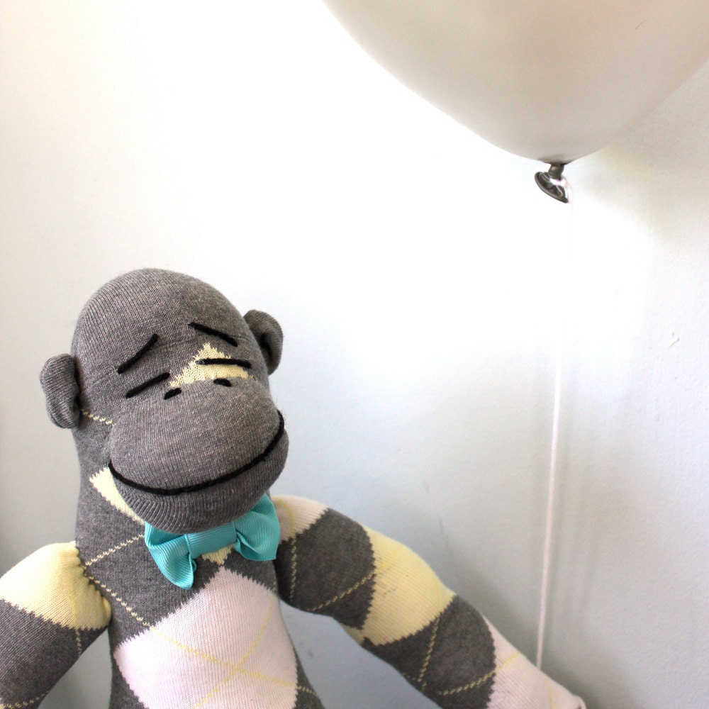 Sock Monkey Plush - Handmade stuffed toy, Children's Toy, Stuffed Animal, Gray, Yellow, White