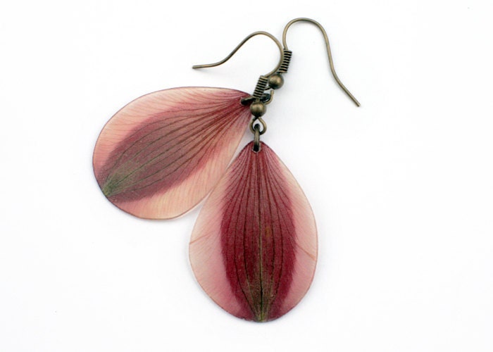 Real Dark Red Lily Earrings - antiqued brass - real flower petals