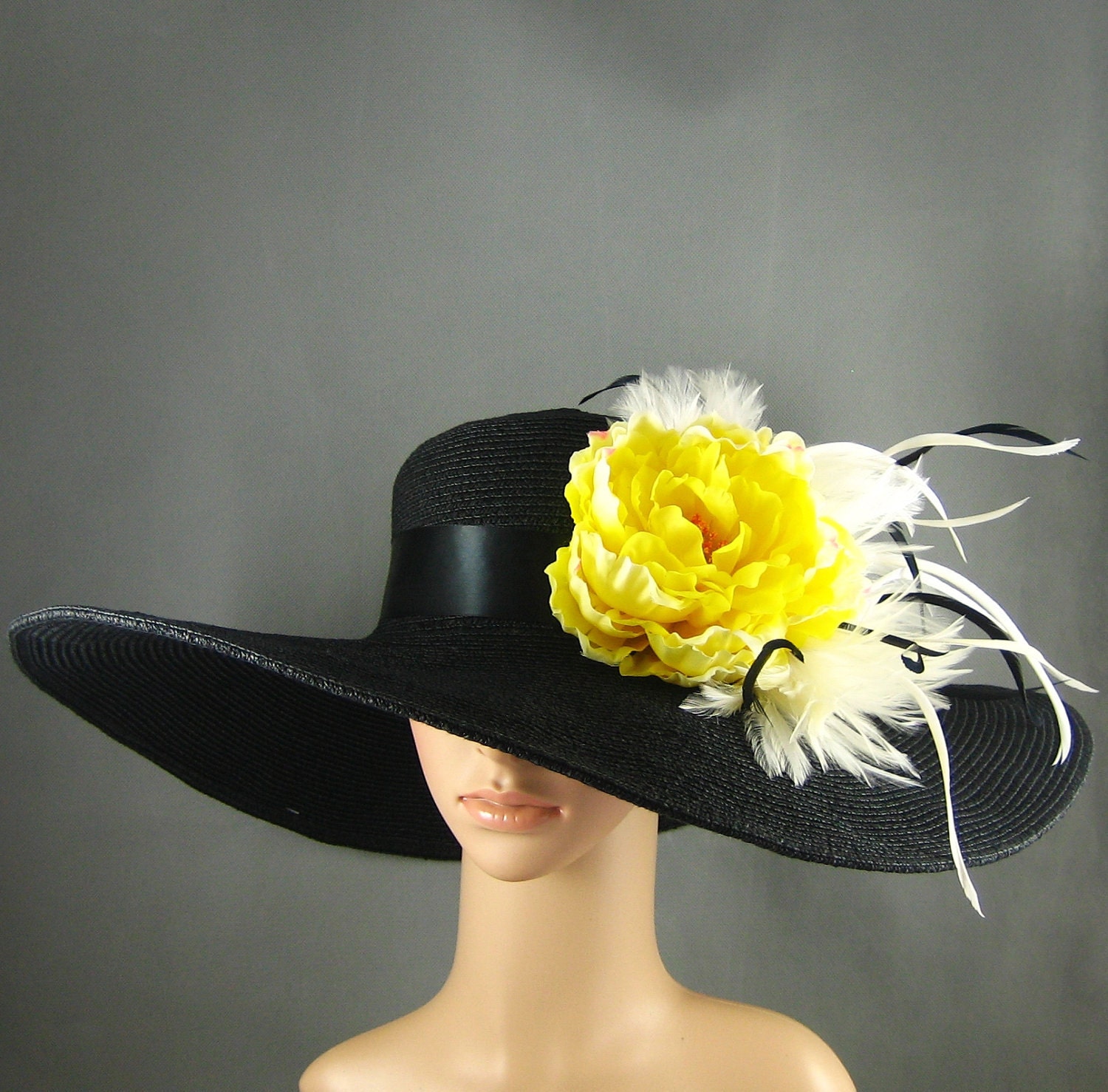 Women's Wide Brim Derby Hat with white feathers and yellow flower, Black Kentucky Derby Hat, Formal Hat,Wide Brim