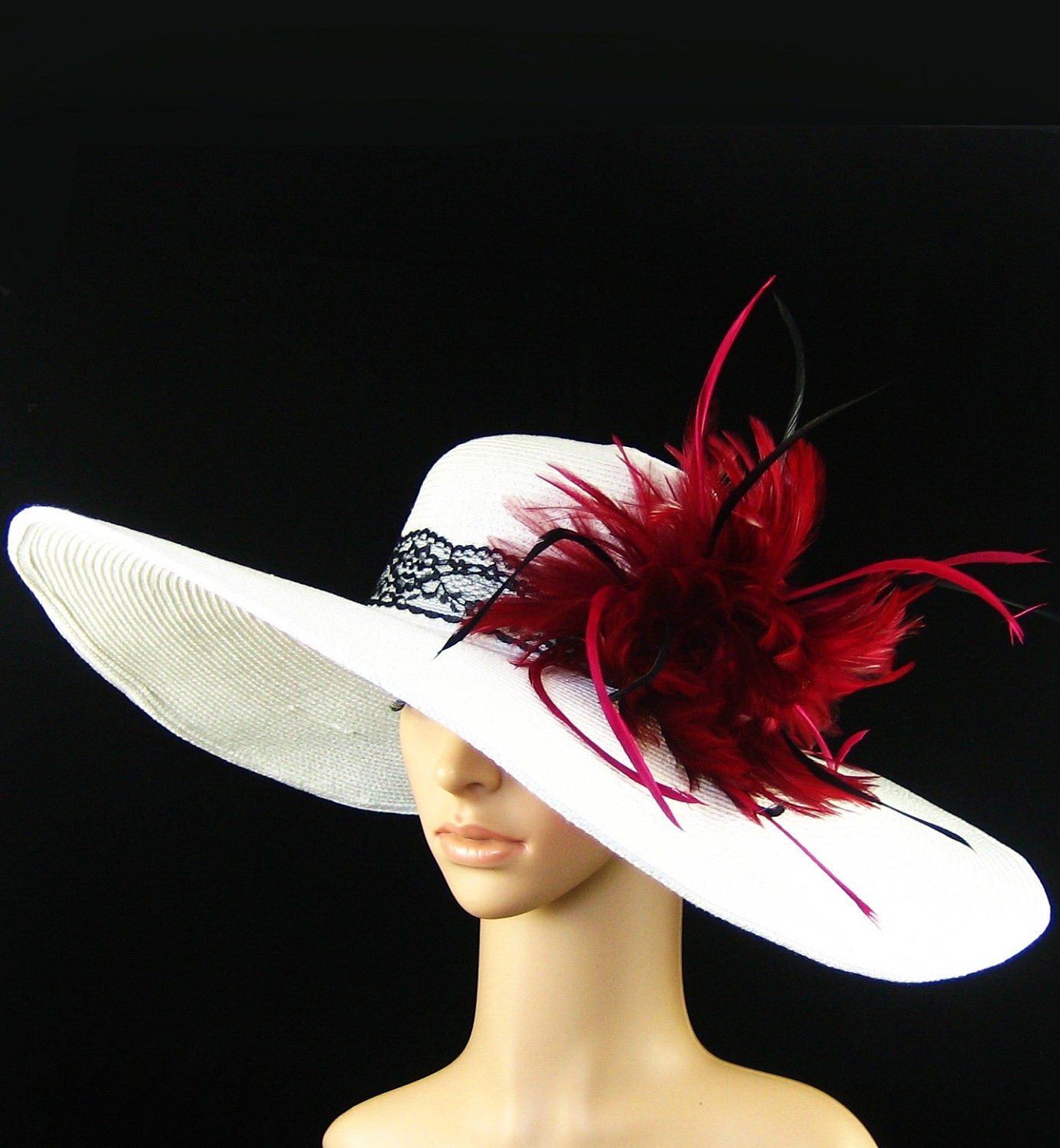 Derby Hat Kentucky Derby Hat Wedding Hat Tea Party Hat Wide Brim White Hat Feathers Woman Dress Bridal Church Ascot Horse Race