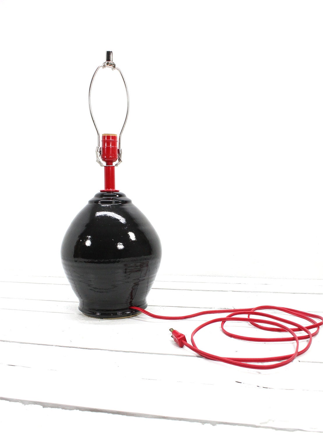 Black Retro Upcycled Vintage Lamp- Pottery Glaze Ball Light