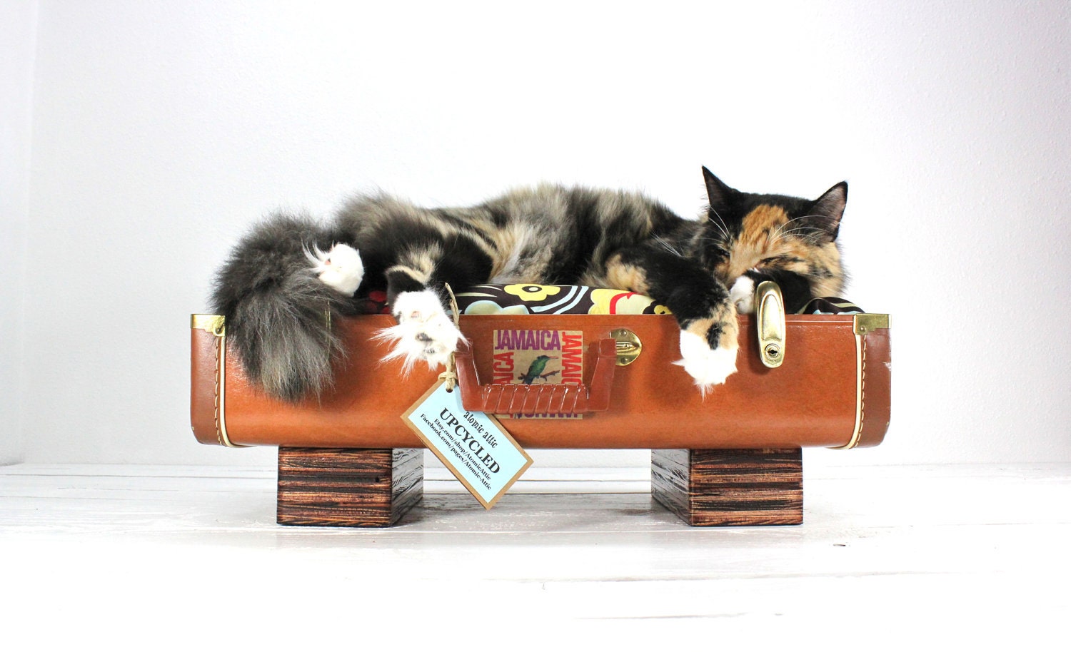 Upcycled Tan Suitcase Pet Bed Handmade Wood Legs