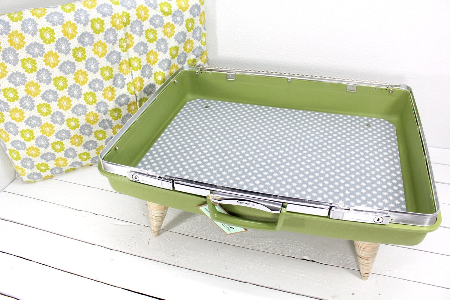 Upcycled Green Samsonite Suitcase Pet Bed - Handmade Plywood Legs