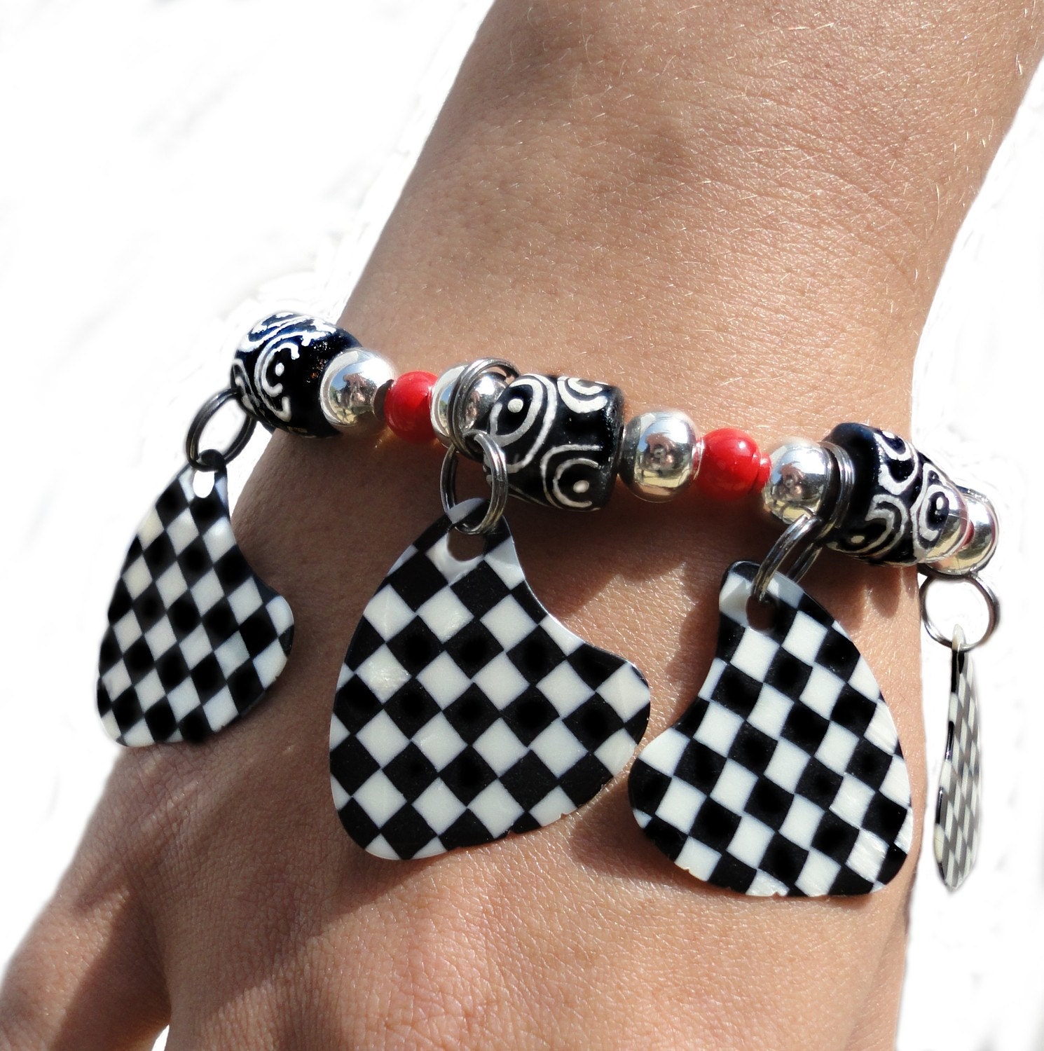 MISS CHUCK BERRY Black and White Check Guitar Pick Charm Bracelet - Rock On