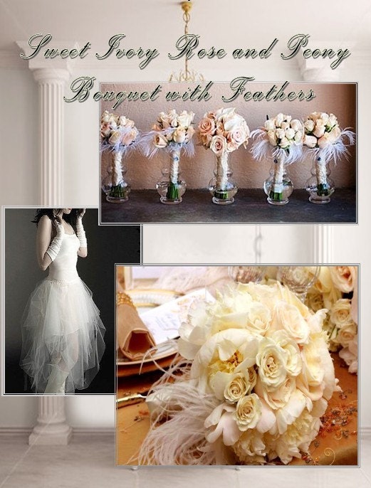 Sweet Ivory Rose and Peony Bouquet with Feathers