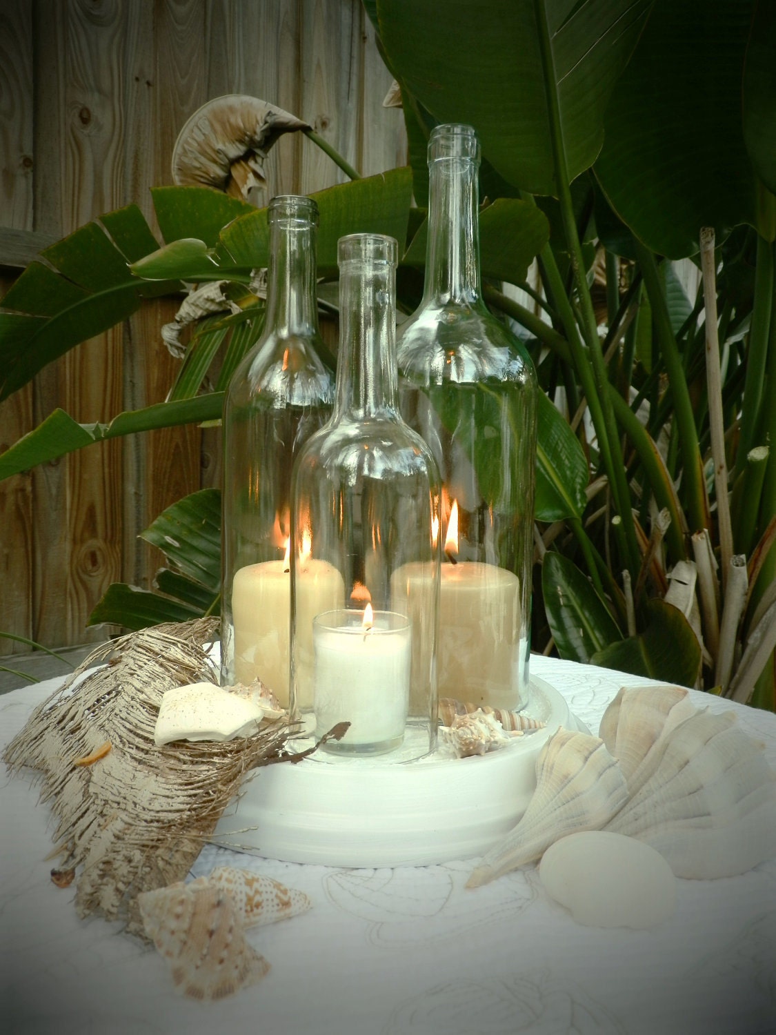 Wedding centerpiece White Triple Wine Bottle Candle Holder Hurricane Lamp
