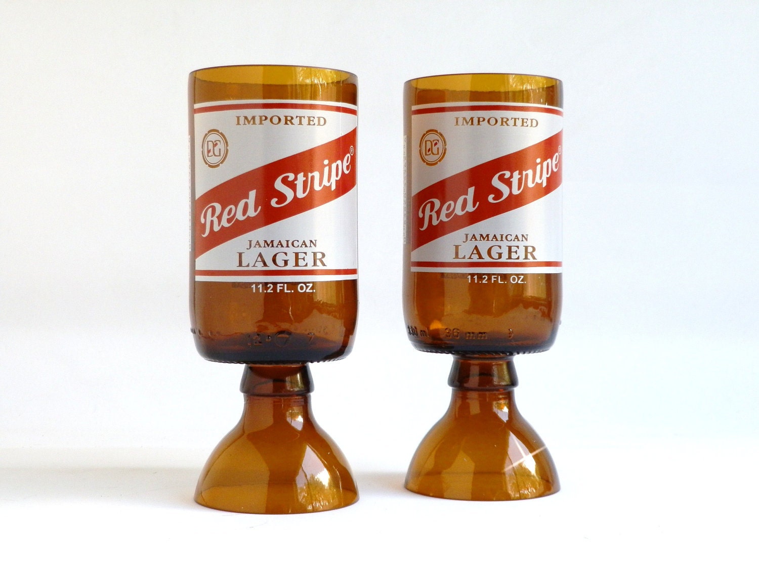 Red Stripe Beer Bottle Goblet Drinking Glasses Set of 2