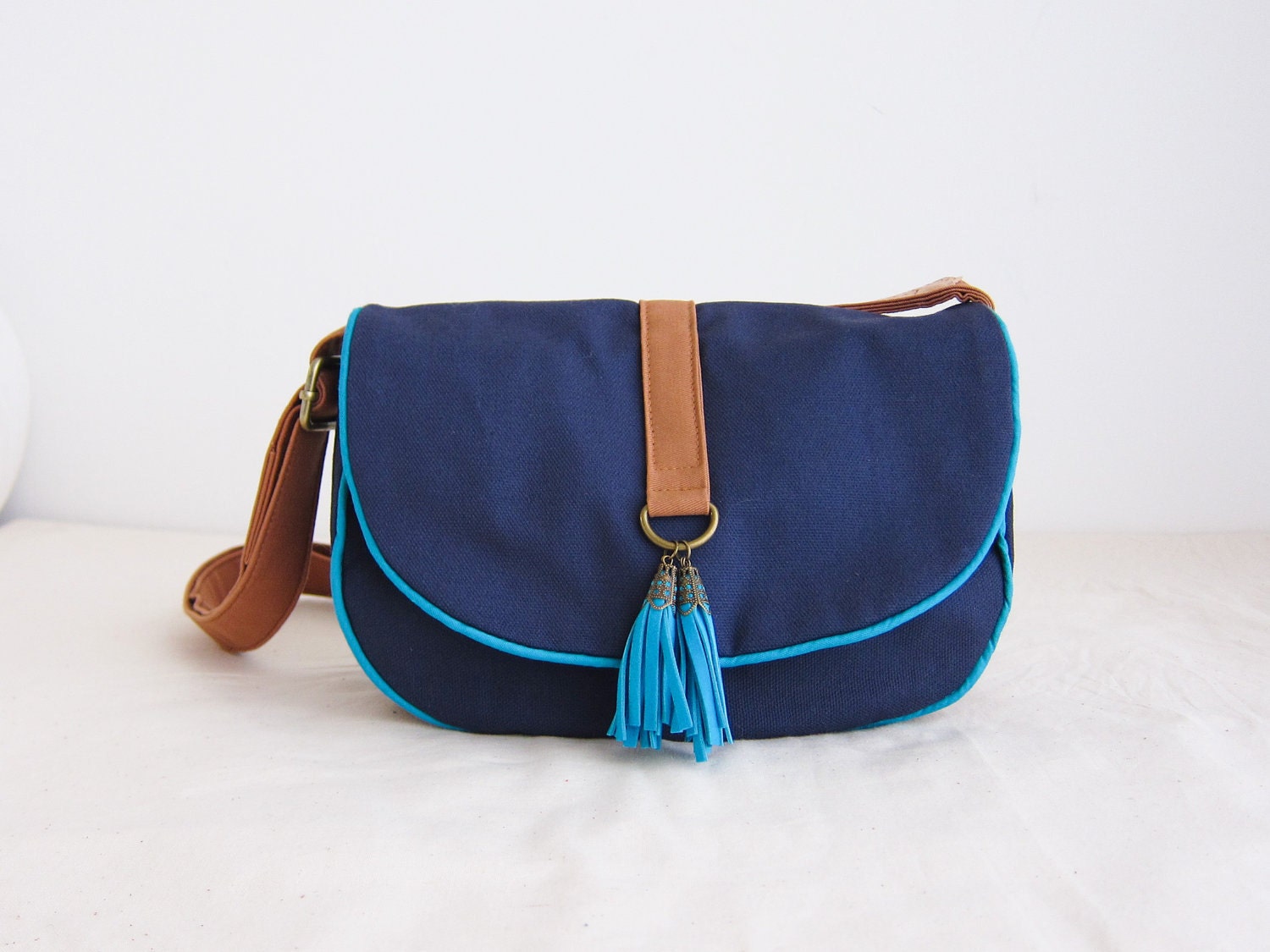 SALE 25% OFF--Everyday Adjustable Handbag--blue canvas with bright blue trim