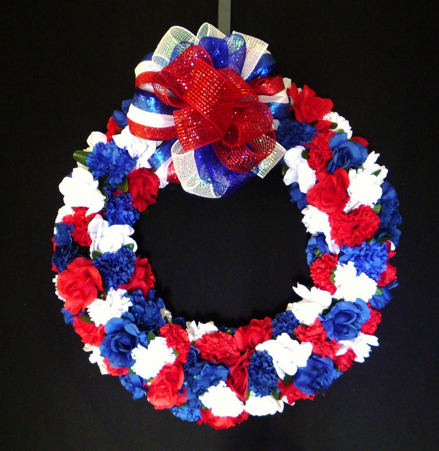 Patriotic Wreath, RWB Floral, 4th of July, Veterans, Poly Mesh Bows, Labor Day - Item 554