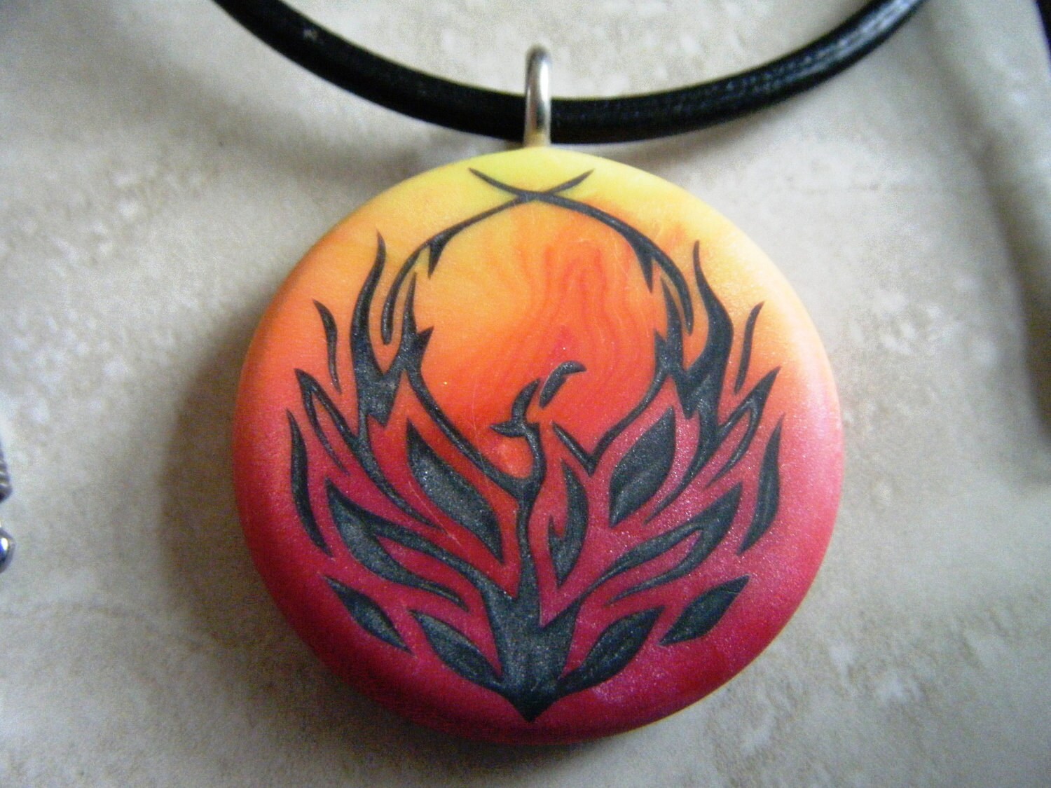 Phoenix Design hand carved Pendant with 3mm Leather Necklace
