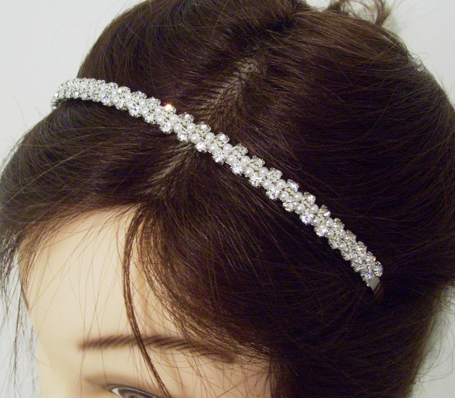 Rhinestone and Pearls Bridal headband tiara headpiece in White or Ivory -- Annika