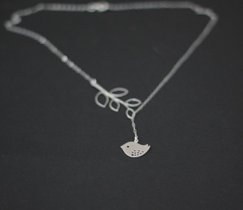 Bird Charm Necklace, Silver Lariat Necklace, Leaf Branch, Bird Jewelry, Sparrow Charm, Birthday Gift, Everyday Wear, Mothers Jewelry