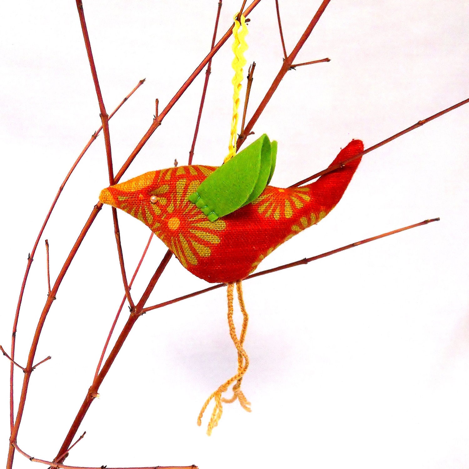 Retro bird, in  vintage fabric,  70s Flower power Orange and lime