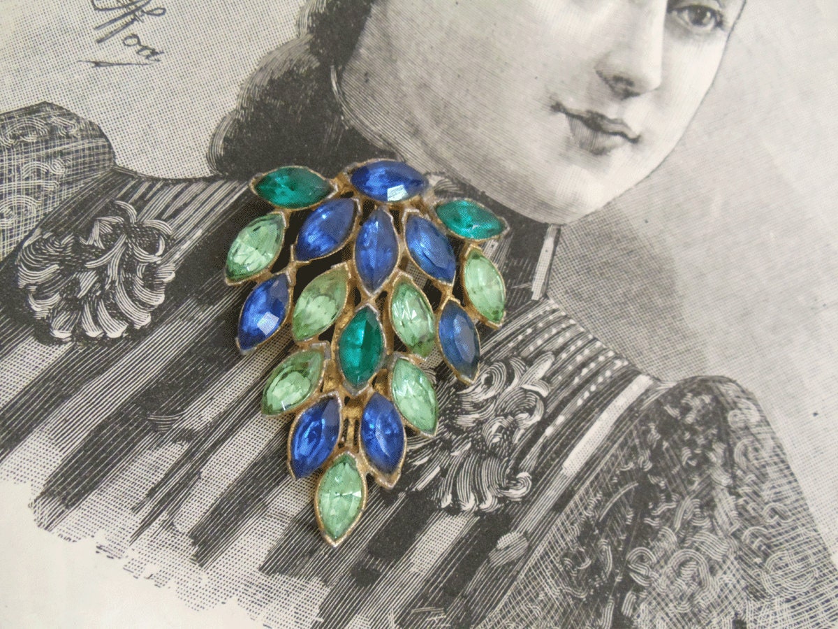 Vintage Rhinestone Scarf Clip - Pendant - Shoe Clip - Art Nouveau - Green & Blue - Jewelry Collectible