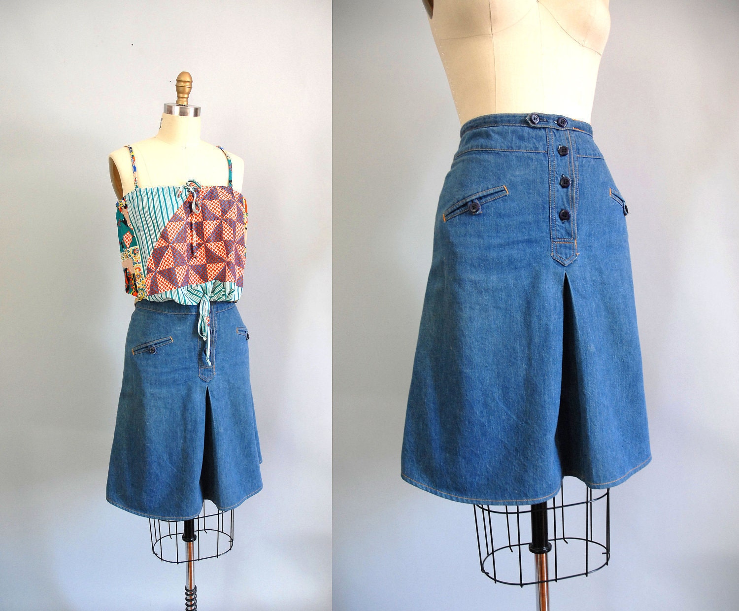 1970s Skirt / High Waist Denim / 70s