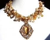 Pearl Statement Necklace, Vintage Topaz Rhinestones by dabchickvintagegems on Etsy
