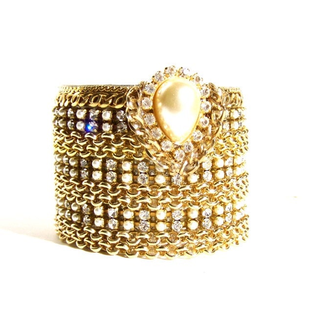 Pearl Cuff Bracelet, Vintage Rhinestone and Pearls , SALE