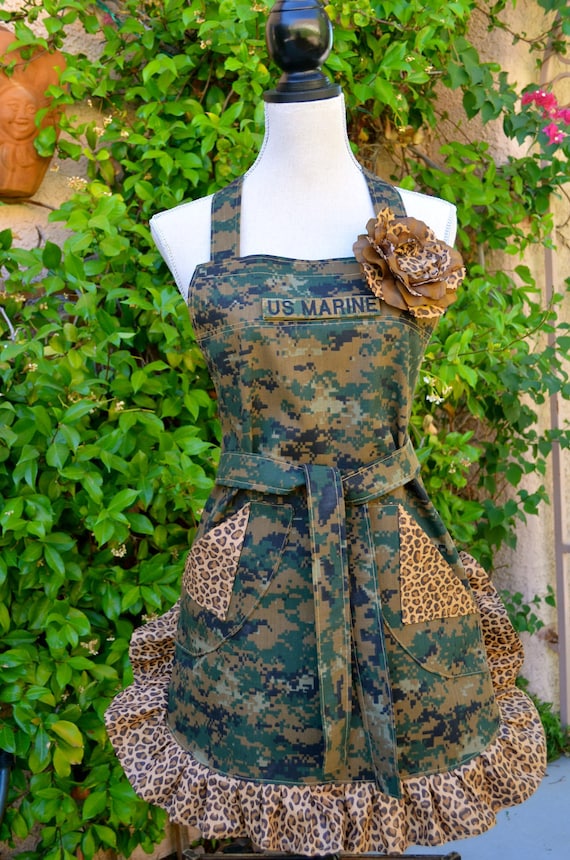Camoflage Print Womens Full Apron - Military Inspired With Contrasting Leopard Ruffle and Pockets