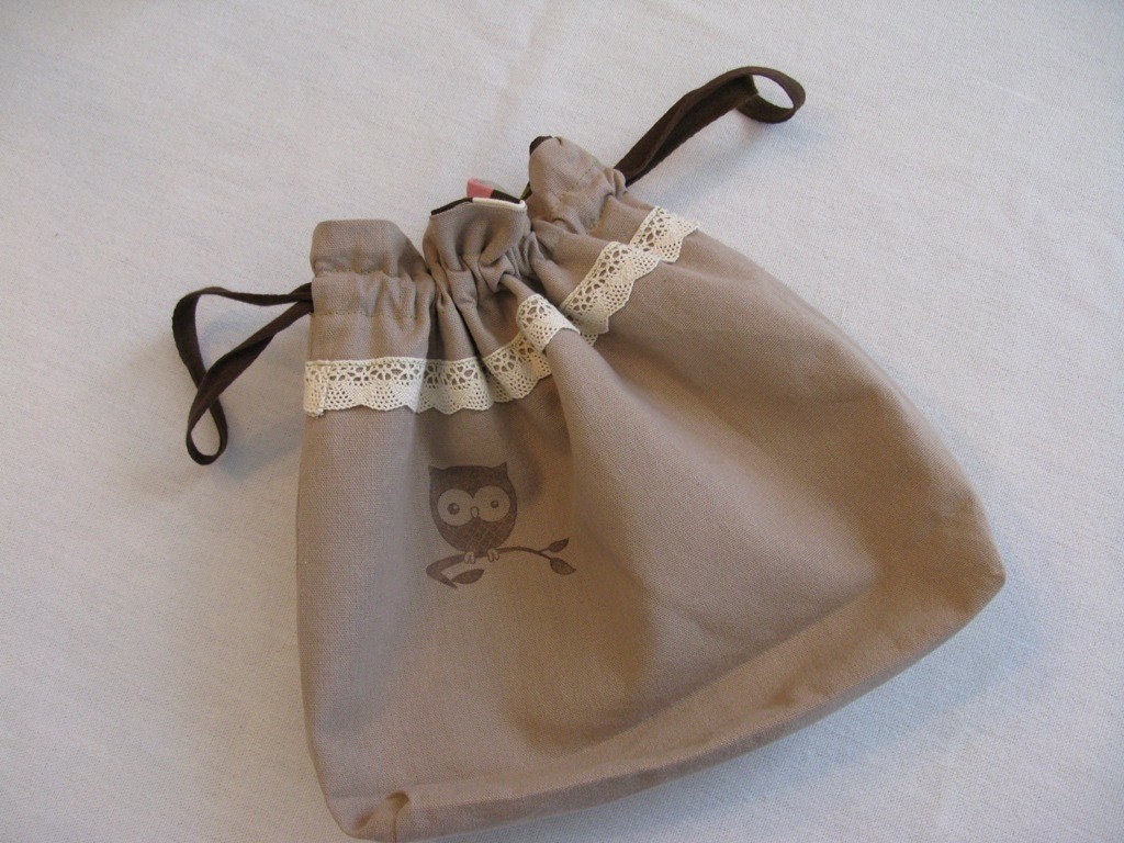 Drawstring Bag, Owl Motif, Polka Dots, reversible