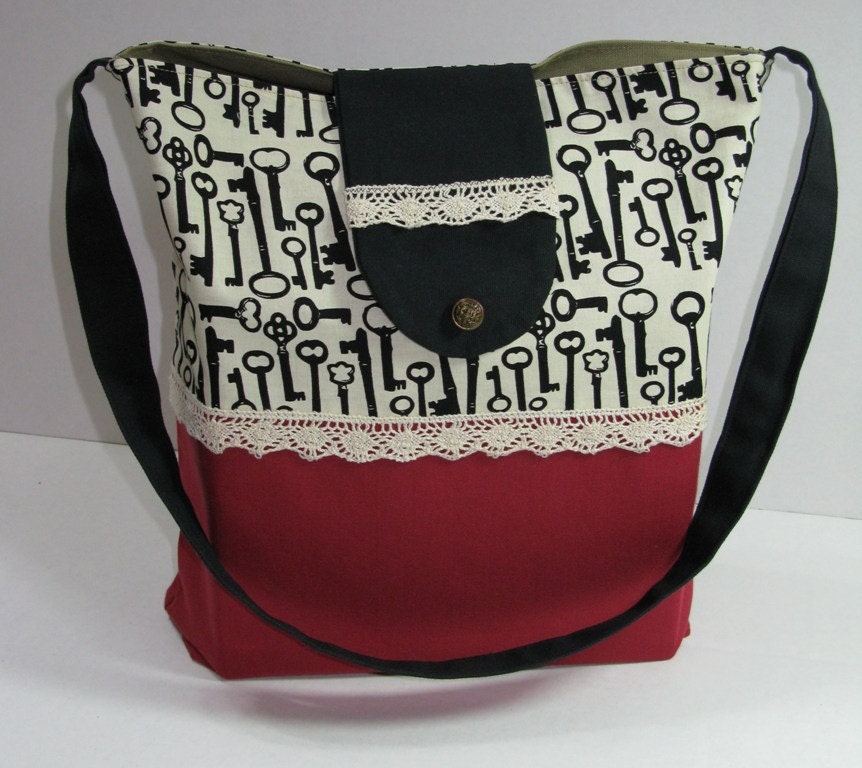 Cotton/Canvas Tote, Medium, Lace Trim, Key Print