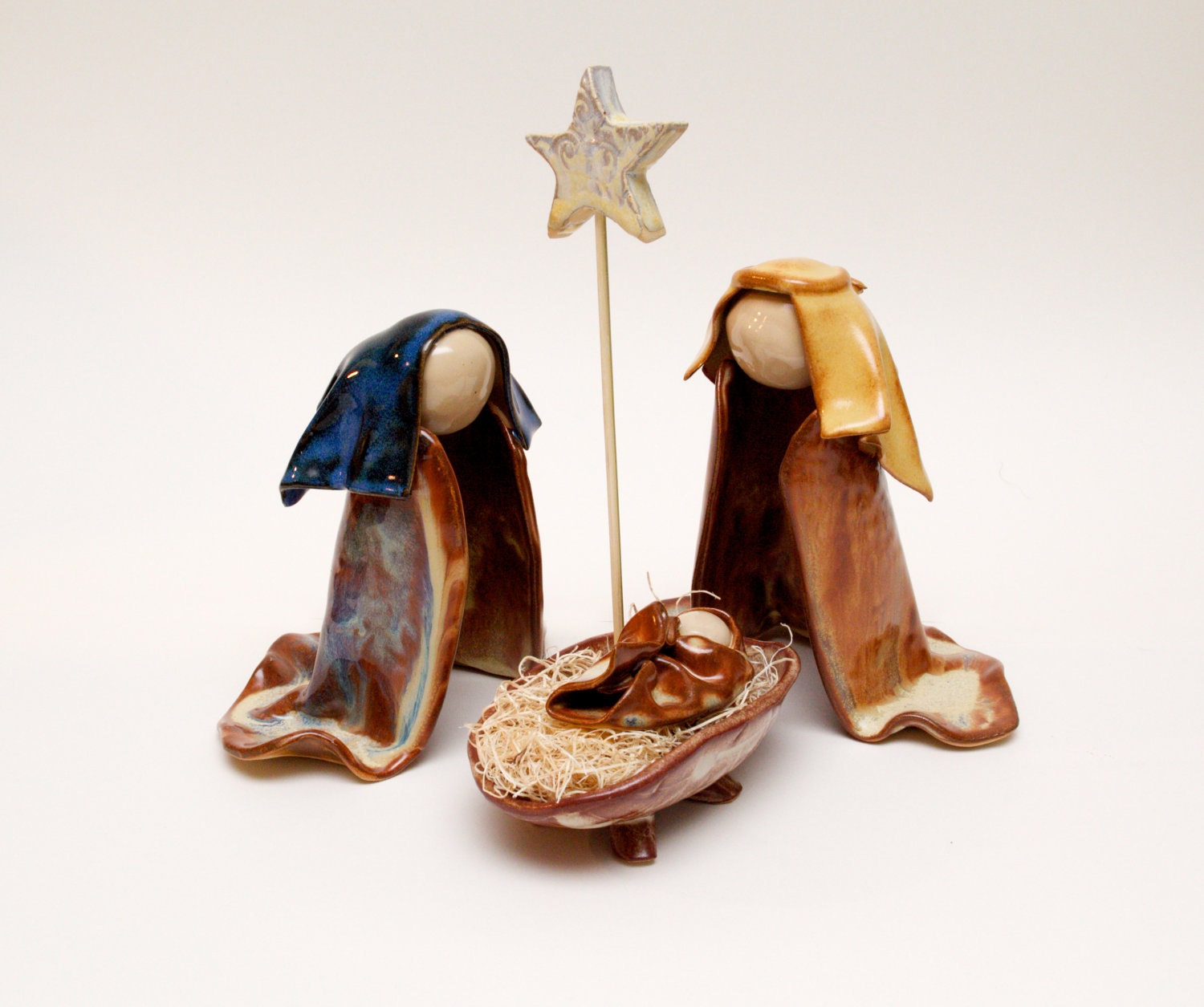 Nativity Trio in Bright Blue and Straw PLUS MANGER