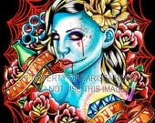 Live Fast Die Pretty Tattoo Flash Inspired Painting Art Print By Carissa Rose apprx 11x14