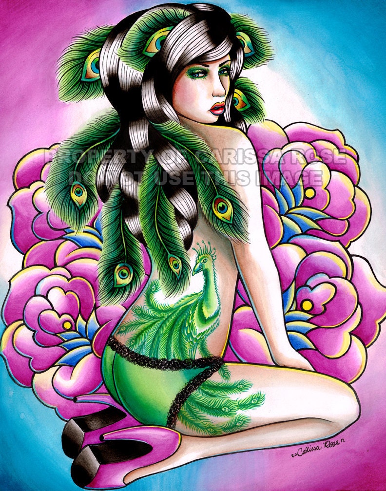 Pin Up Girl with Peacock Tattoo and Feathers Art Print By Carissa Rose apprx 11x14