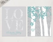 Personalized Family Tree // Love Art Print // Housewarming  Anniversary  Wedding Gift // Custom Initials // Set of Two // blue grey // 8x10