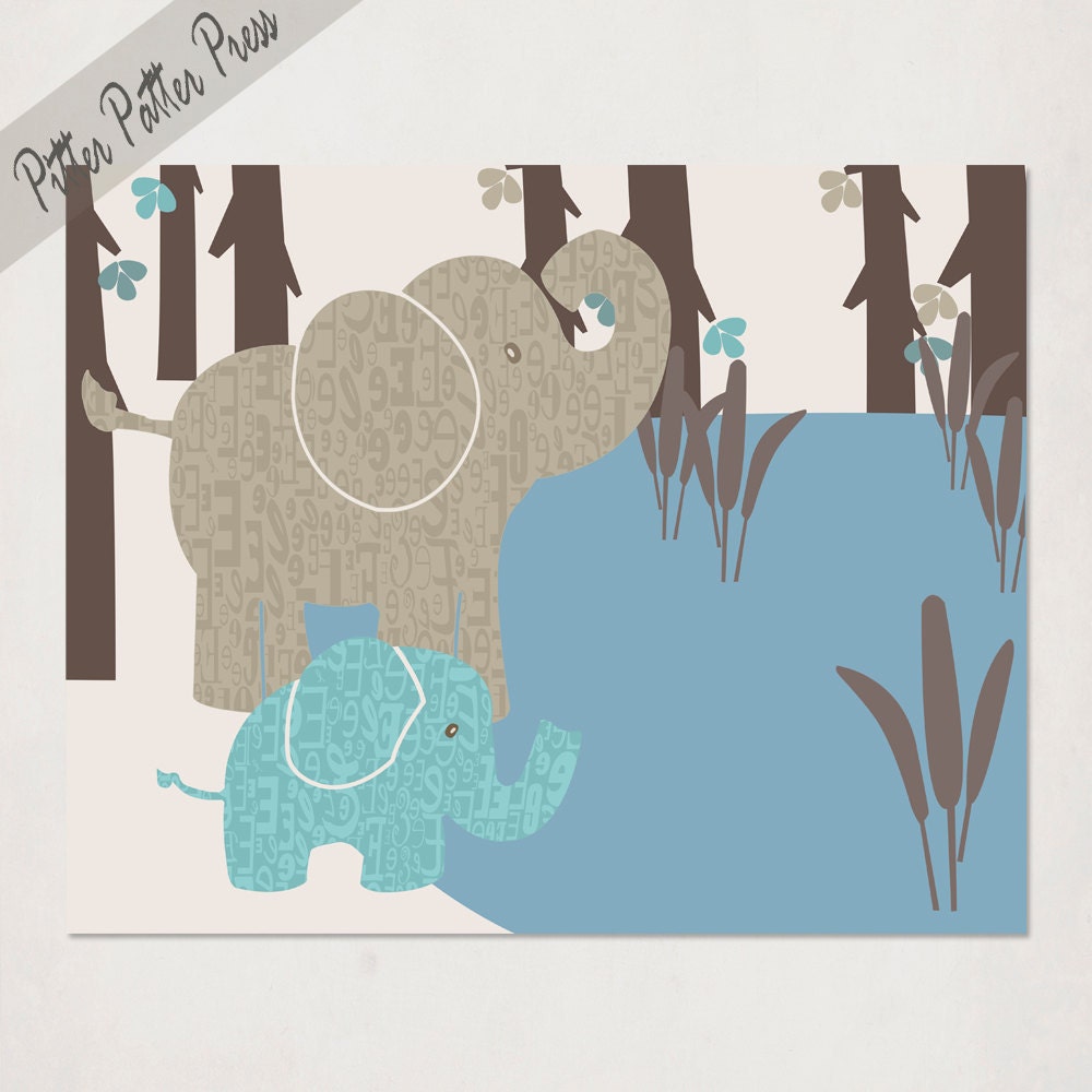 Elephant nursery art, child's wall art print, Kid's art, boy's or girl's room decor, custom colors, size 8x10