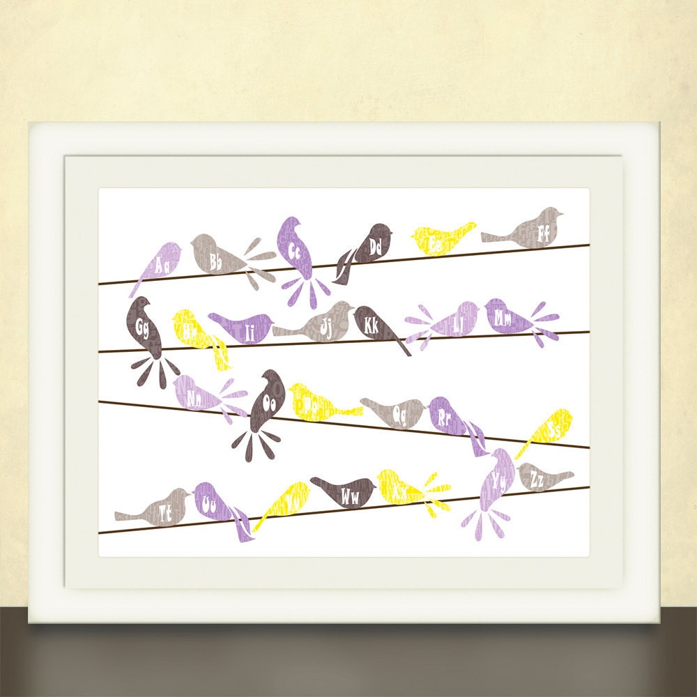 Nursery Art for boy of girl, Birds on a Wire, Alphabet letters, Wall Art Print in Custom Colors, size 11x14