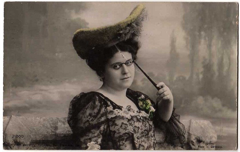 RP Fashion Woman Fancy Hat Lorgnette Eye Glasses HC 1911 Real Photo