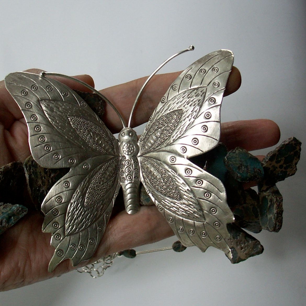 Large Silver Butterfly, Snail, Imperial Jasper Necklace: Haiku inspired