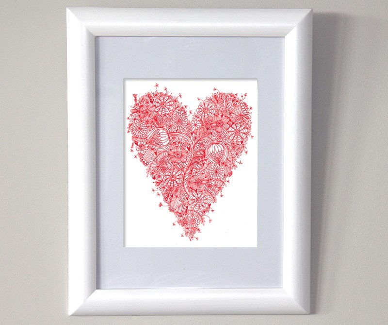 Pretty, red, detailed pattern, love heart fine art print