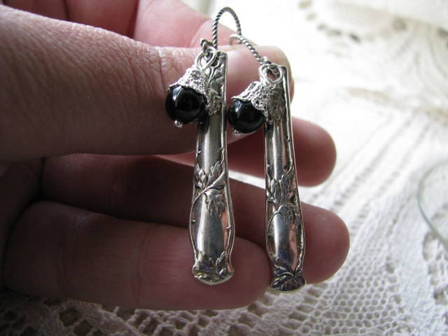Spoon Earrings, Spoon Jewelry, Antique Dangles, Flatware Earrings, Flatware Jewelry, onyx