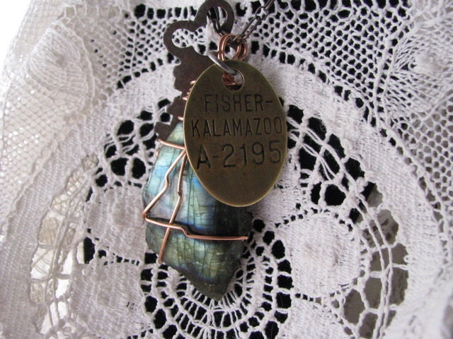 Steampunk Necklace, Vintage Brass Tool Check Tag, Antique Key, Labradorite Stone