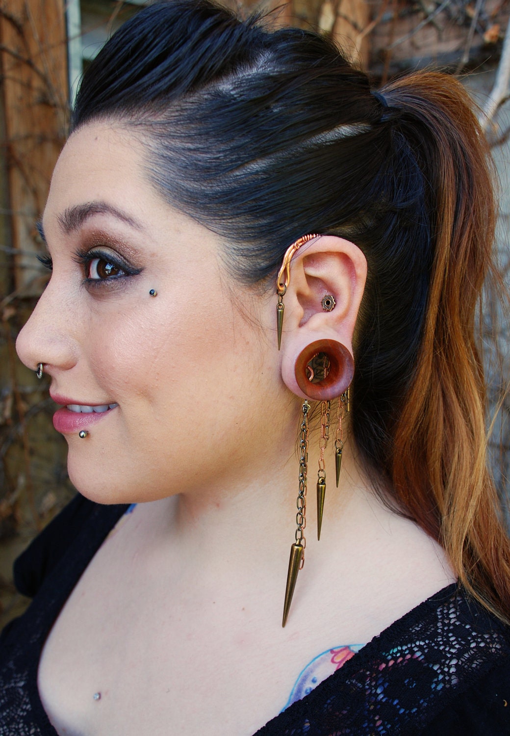 Behind the Ear Cuff in Copper with Mixed Chain and Spikes