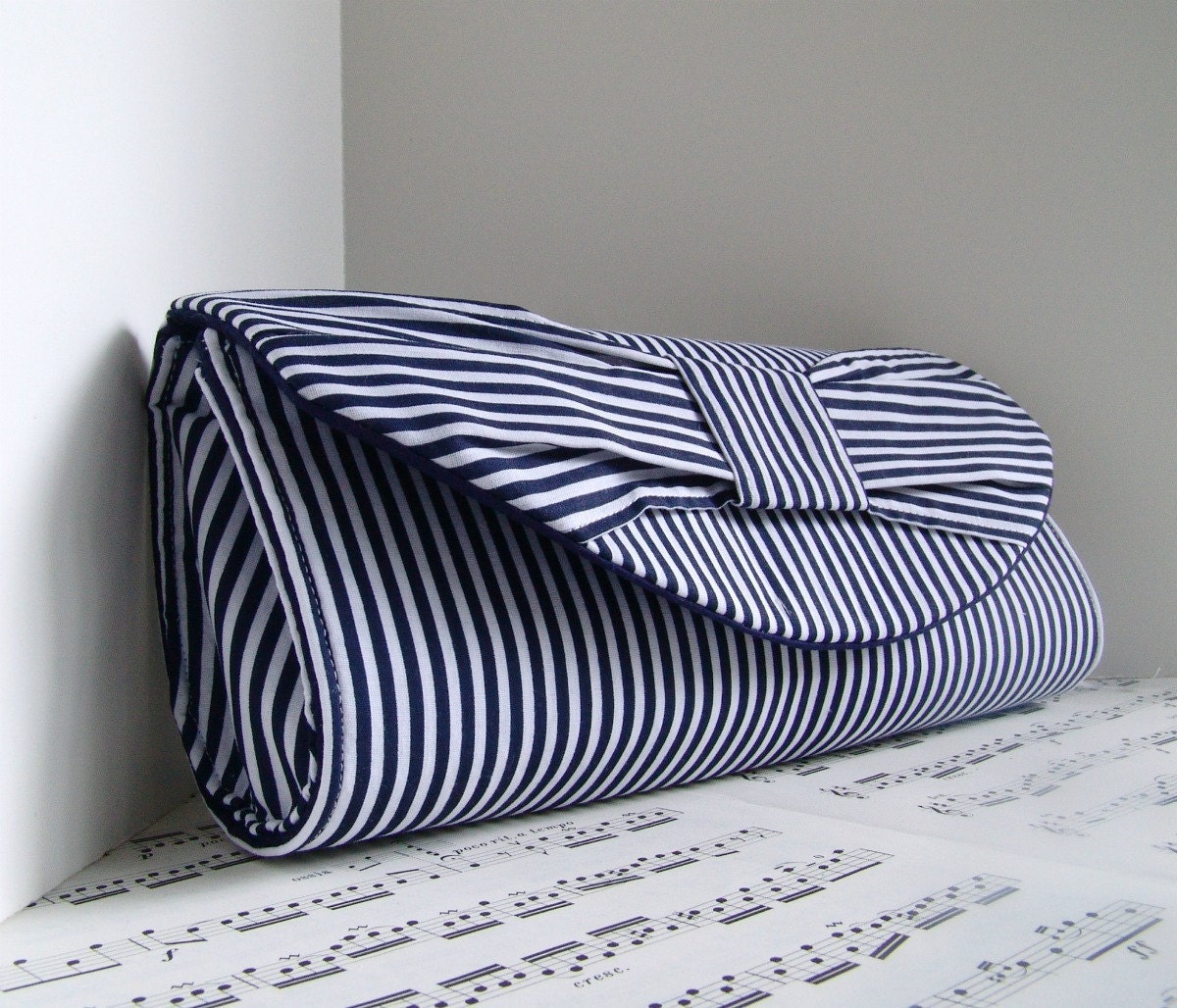 Nautical handbag. Navy blue and white stripe bow clutch. Wedding clutch. Made to order