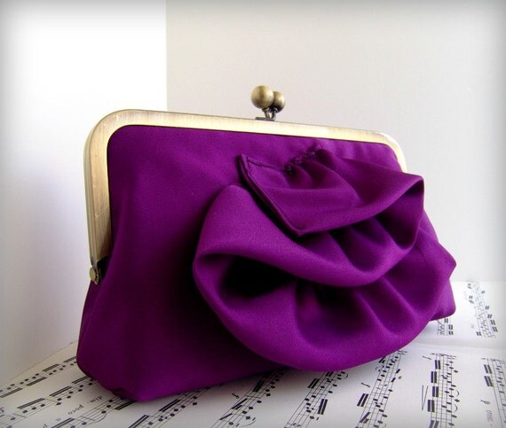Purple Formal Clutch Purse in frame, cascading satin ruffled clutch, Made to Order.
