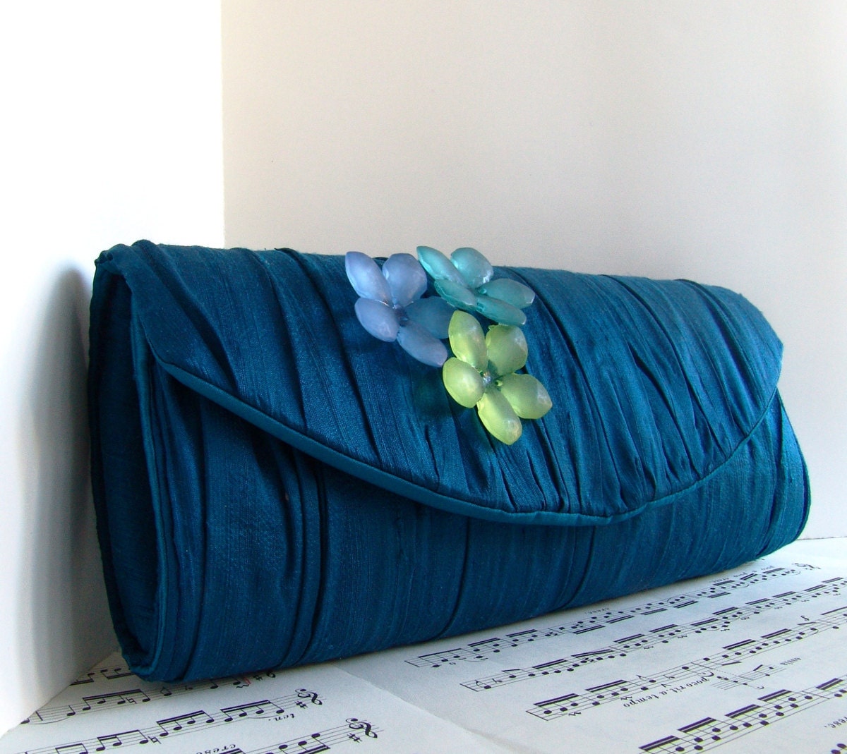 Deep teal gathered silk clutch with flowers, formal clutch purse