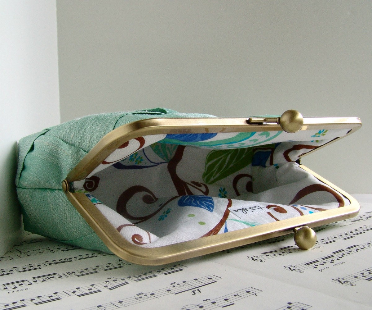 Mint green silk clutch purse, woven clutch bag, Spring fashion