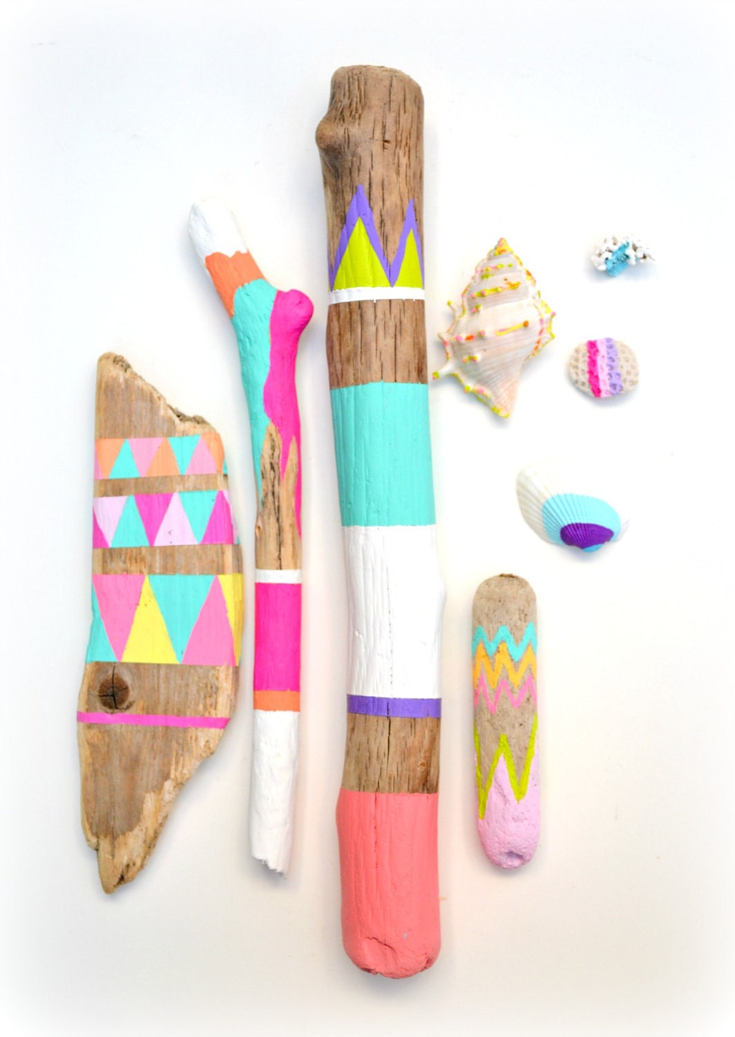 Sticks and Shells Collection - Driftwood Art, Tribal Geometric - Neon, Pastel, Dorm Decor - Painted Driftwood, Seashells, Beach, Boho - bonjourfrenchie Sticks and Shells Collection - Driftwood Art, Tribal Geometric - Neon, Pastel, Dorm Decor - Painted Driftwood, Seashells, Beach, Boho - bonjourfrenchie