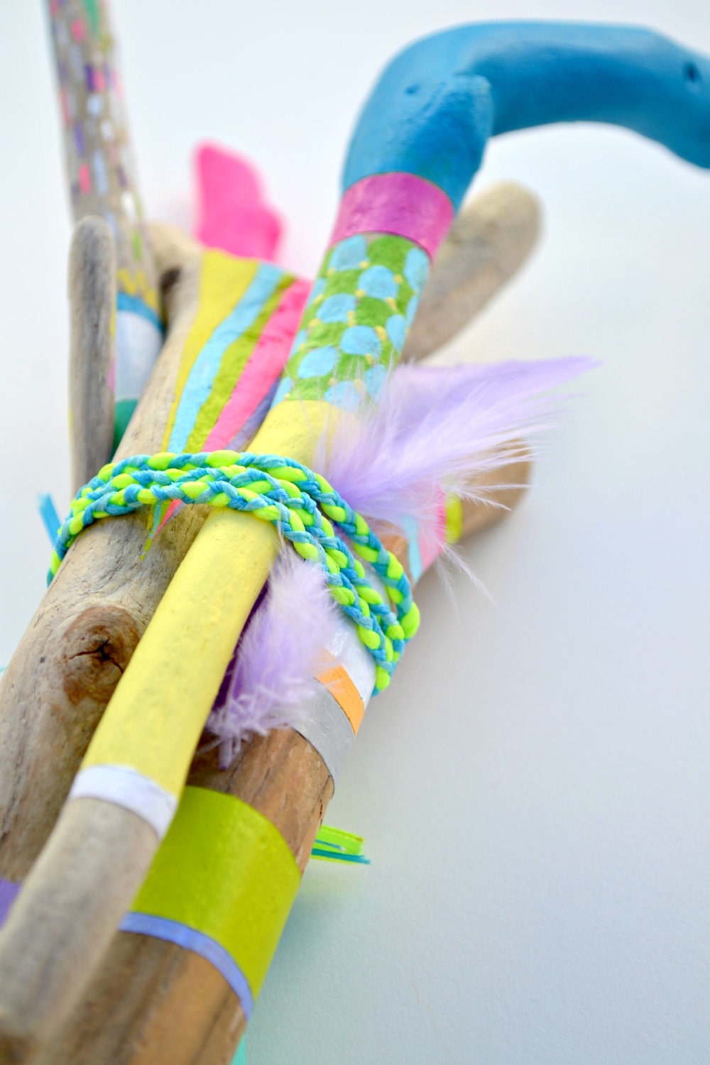 Painted Sticks - 6 Piece Collection, Tribal Geometry, Neon Triangles, Stripes, Chevron, Rainbow - Braid, Feather - Beach Decor, Driftwood