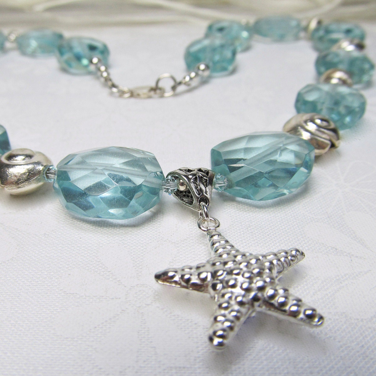 Aqua Necklace Blue Quartz Starfish Sterling Faceted Nugget