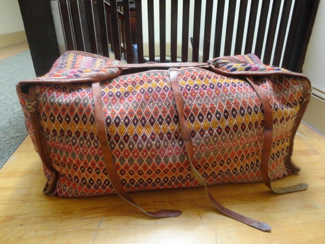 Vintage Rare Amazing Oversize Mafrash Quasqua'i tribe Nomad Bag Storage Trunk Kilim Duffle Persian Rug
