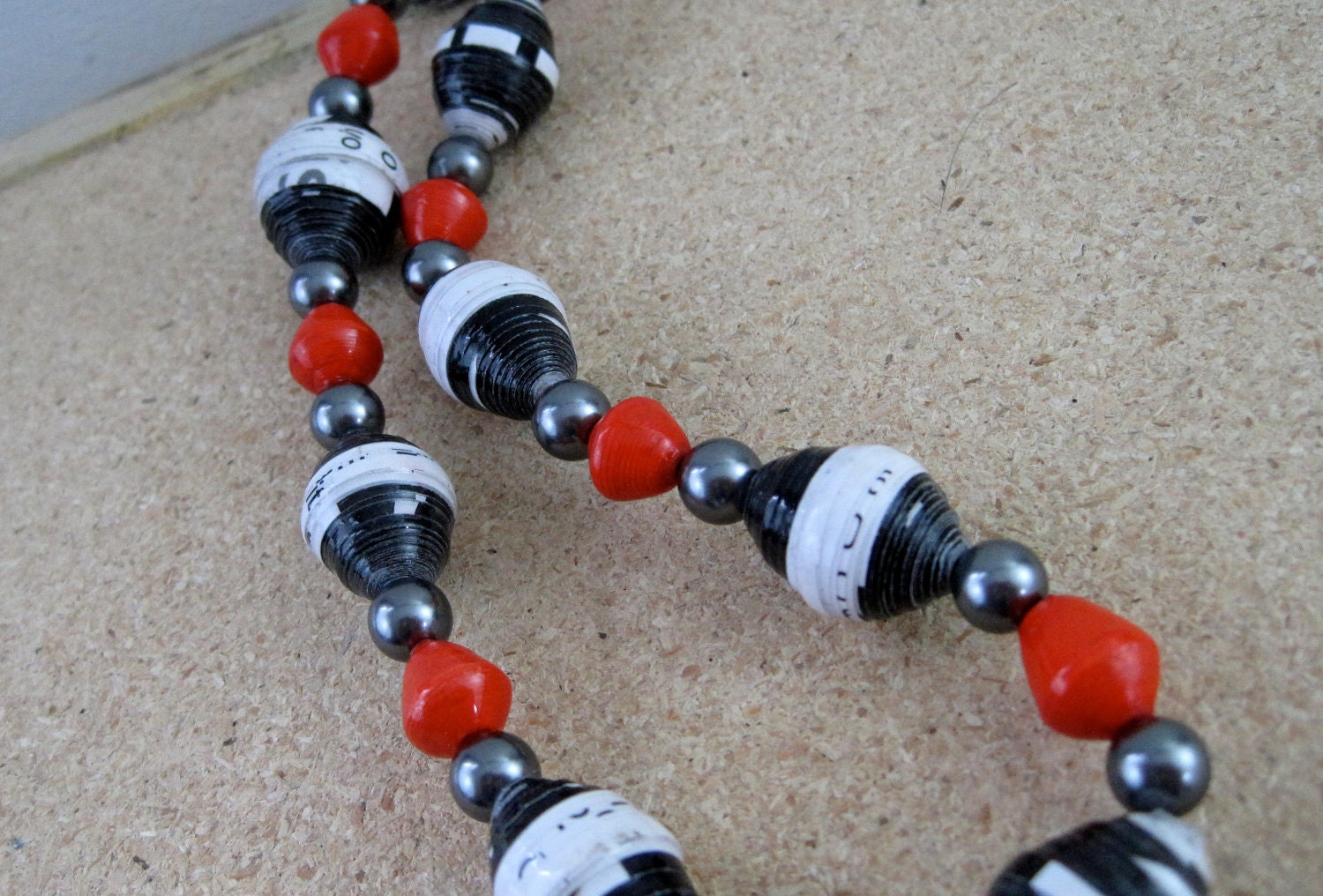 Ultra Chic Black White and Red Recycled Necklace