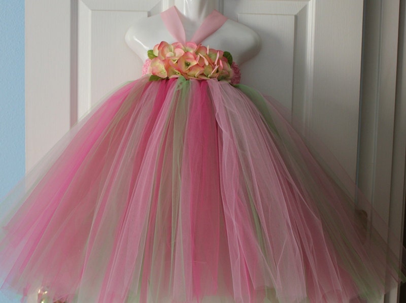 Pink Green Tutu Dress, Flower Girl Dress, Birthday Tutu, 12 Months to 2 Toddler