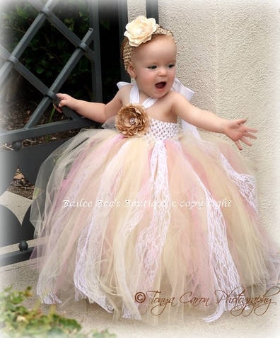 Beige Mauve Flower Girl Dress, Antique Tutu Dress, Birthday, Pageant 12 months to 2 Toddler